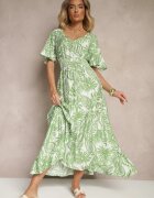 cflo Rochie Verde cu elastic în talie Decorată cu model floral Charina