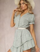 cflo Rochie Verde Decorată cu volane cu elastic în talie și mâneci bufante Ornefia