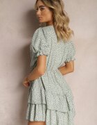 cflo Rochie Verde Decorată cu volane cu elastic în talie și mâneci bufante Ornefia