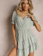 cflo Rochie Verde Decorată cu volane cu elastic în talie și mâneci bufante Ornefia