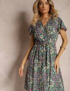 cflo Rochie Verde din Vâscoză cu Decolteu Petrecut Finisată cu Elastic în Talie și Șnur Abrolea