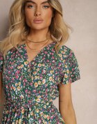 cflo Rochie Verde din Vâscoză cu Decolteu Petrecut Finisată cu Elastic în Talie și Șnur Abrolea