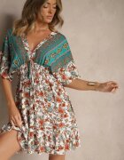 cflo Rochie Verde din Vâscoză cu Imprimeu Floral Decorată cu Legătură la Spate Latorea
