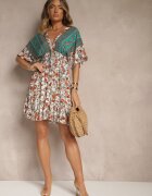 cflo Rochie Verde din Vâscoză cu Imprimeu Floral Decorată cu Legătură la Spate Latorea