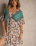 cflo Rochie Verde din Vâscoză cu Imprimeu Floral Decorată cu Legătură la Spate Latorea