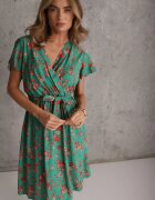 cflo Rochie Verde din Vâscoză Midi Florală cu elastic în talie și curea din material Aidenia
