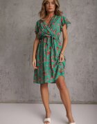 cflo Rochie Verde din Vâscoză Midi Florală cu elastic în talie și curea din material Aidenia