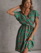 cflo Rochie Verde din Vâscoză Midi Florală cu elastic în talie și curea din material Aidenia