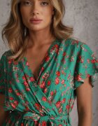 cflo Rochie Verde din Vâscoză Midi Florală cu elastic în talie și curea din material Aidenia