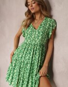 cflo Rochie Verde Evazată din Viscoză cu Volane de Tul