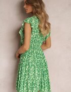 cflo Rochie Verde Evazată din Viscoză cu Volane de Tul