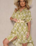cflo Rochie verde închis din viscoză cu croială tip cămașă cu model ornamental Inisaria