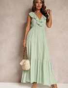 cflo Rochie Verde Mentă Evazată Maxi cu elastic în talie și Volănaș Laylani