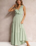 cflo Rochie Verde Mentă Evazată Maxi cu elastic în talie și Volănaș Laylani