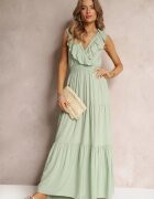 cflo Rochie Verde Mentă Evazată Maxi cu elastic în talie și Volănaș Laylani
