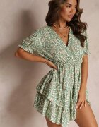 cflo Rochie Verde Mini cu Elastic în Talie și Decolteu Petrecut din Viscoză Littlestar