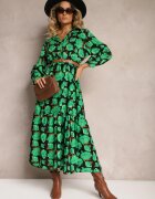 cflo Rochie Verde-Neagră Evazată cu Volan la Tiv și Model cu Trandafiri Abstracți Renaisse