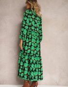 cflo Rochie Verde-Neagră Evazată cu Volan la Tiv și Model cu Trandafiri Abstracți Renaisse