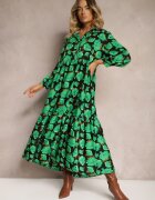 cflo Rochie Verde-Neagră Evazată cu Volan la Tiv și Model cu Trandafiri Abstracți Renaisse