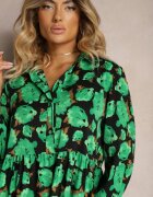cflo Rochie Verde-Neagră Evazată cu Volan la Tiv și Model cu Trandafiri Abstracți Renaisse