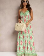 cflo Rochie Verde-Roz din Viscoză cu bretele cu elastic în talie Andadea