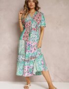 cflo Rochie Verde-Roz din Viscoză midi cu imprimeu floral cu elastic în talie Roslyna
