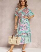 cflo Rochie Verde-Roz din Viscoză midi cu imprimeu floral cu elastic în talie Roslyna