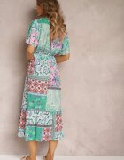 cflo Rochie Verde-Roz din Viscoză midi cu imprimeu floral cu elastic în talie Roslyna