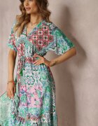 cflo Rochie Verde-Roz din Viscoză midi cu imprimeu floral cu elastic în talie Roslyna