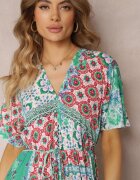 cflo Rochie Verde-Roz din Viscoză midi cu imprimeu floral cu elastic în talie Roslyna