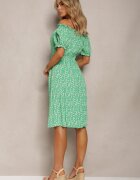cflo Rochie Verde Viscoză Midi cu Imprimeu Floral cu Decolteu Spaniol Agirala