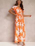 cflo Rochie Viscoză Portocalie Maxi cu Elastic în Talie și Tiv Plisat Martisa