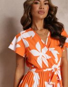 cflo Rochie Viscoză Portocalie Maxi cu Elastic în Talie și Tiv Plisat Martisa