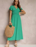 cflo Rochie Viscoză Verde închis cu Decolteu Petrecut și Talie Elastică Shura