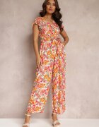 cflo Salopetă Florală Portocaliu-Albă din Viscoză cu Elastic în Talie și Curea din Material Kosine