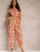 cflo Salopetă Florală Portocaliu-Albă din Viscoză cu Elastic în Talie și Curea din Material Kosine