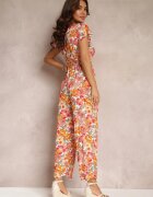 cflo Salopetă Florală Portocaliu-Albă din Viscoză cu Elastic în Talie și Curea din Material Kosine