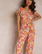 cflo Salopetă Florală Portocaliu-Albă din Viscoză cu Elastic în Talie și Curea din Material Kosine