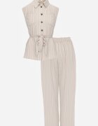 cflo Set bej din Viscoză Pantaloni Wide Leg și Cămașă Fără Mâneci cu Centură Adduin