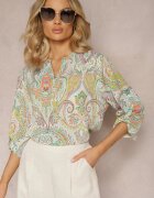 christy Bluză Cămașă Verde cu Model Ornamental Colorat și Nasturi la Decolteu Adelra