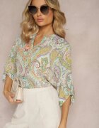 christy Bluză Cămașă Verde cu Model Ornamental Colorat și Nasturi la Decolteu Adelra