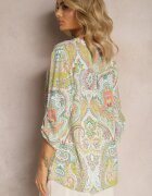 christy Bluză Cămașă Verde cu Model Ornamental Colorat și Nasturi la Decolteu Adelra