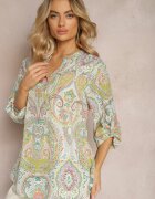 christy Bluză Cămașă Verde cu Model Ornamental Colorat și Nasturi la Decolteu Adelra