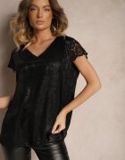 christy Bluză Casual Neagră cu Dantelă și Mânecă Scurtă Garista