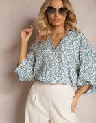 christy Bluză de Viscoză Alb-Albastră cu Decolteu Triunghiular și Model Ornamental Cilara