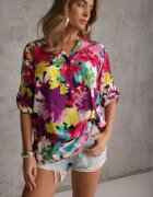 christy Bluză Roz din Viscoză cu Nasturi la Decolteu cu Imprimeu Floral Kleddia