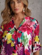 christy Bluză Roz din Viscoză cu Nasturi la Decolteu cu Imprimeu Floral Kleddia