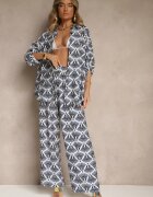 christy Compleu Albastru din Viscoză Cămașă și Pantaloni Decorat cu Imprimeu Ornamental Elezoria
