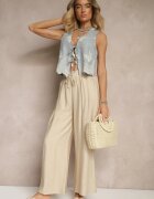 christy Pantaloni Bej Largi High Waist din Viscoză cu elastic în talie Lannalie