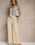 christy Pantaloni Bej Largi High Waist din Viscoză cu elastic în talie Lannalie